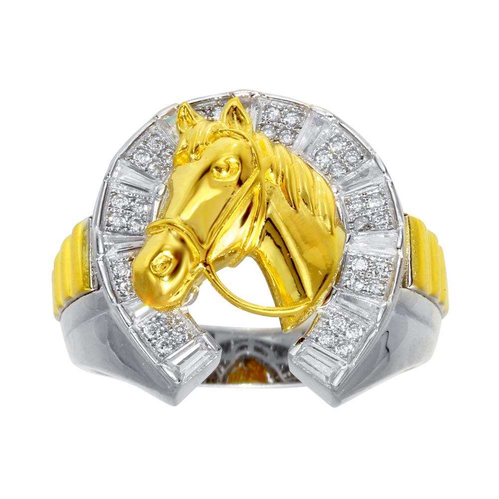 Sterling Silver Men's Two Toned CZ Horse Shoe Gold Horse Ring