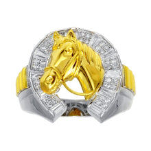 Load image into Gallery viewer, Sterling Silver Men&#39;s Two Toned CZ Horse Shoe Gold Horse Ring