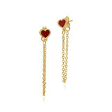 Sterling Silver Gold Plated Dangling Heart Red Enamel Bar Stud Earrings
