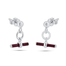Load image into Gallery viewer, Sterling Silver Rhodium Plated Dangling Red Enamel Bar Stud Earrings