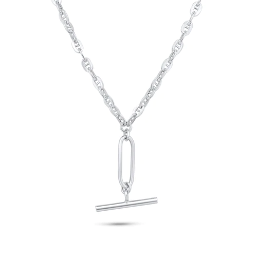 Sterling Silver Rhodium Plated Flat Marina Paperclip Bar Pendant Necklace