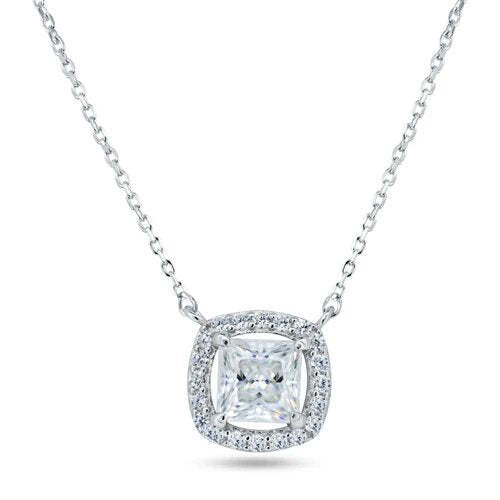 Sterling Silver Rhodium Plated Square Halo Moissanite Necklace