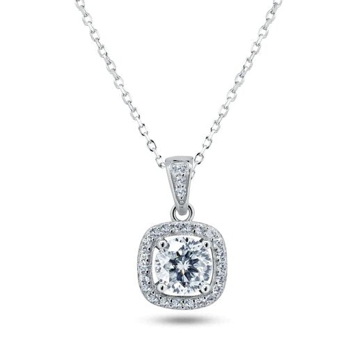 Sterling Silver Rhodium Plated Halo Moissanite Necklace