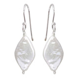 Sterling Silver Rhodium Plated Fish Hook Diamond Shape Dangling Pearl Earrings