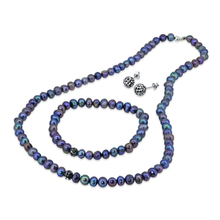 Load image into Gallery viewer, Sterling Silver Fresh Water Black Pearl Set With CZ Encrusted Bead