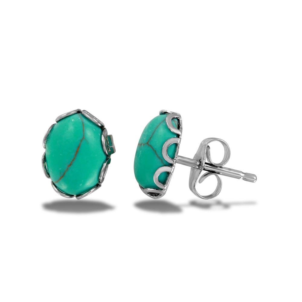 Sterling Silver Rhodium Plated Oval Turquoise Bead Stud Earring