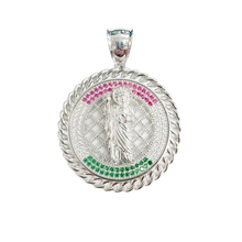 Load image into Gallery viewer, Sterling Silver Rhodium Plated Saint Jude Clear Green And Red CZ Pendant Width-44mm