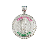 Sterling Silver Rhodium Plated Saint Jude Clear Green And Red CZ Pendant Width-44mm