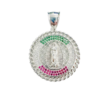 Load image into Gallery viewer, Sterling Silver Rhodium Plated Our Lady Of Guadalupe Clear Green And Red CZ Pendant Width-29mm