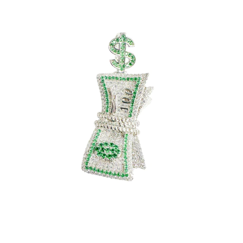 Sterling Silver Rhodium Plated Bundle Of Cash Clear And Green CZ Dollar Vale Pendant Thickness-18mmx30mm