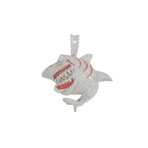 Sterling Silver Rhodium Plated Angry Shark Red Enamel Clear CZ Pendant Thickness-32mmx35mm