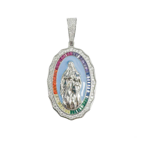 Sterling Silver Rhodium Plated Virgin Mary Multicolor Baguette Stone And Clear CZ Pendant Thickness-29.5mmx43.6mm