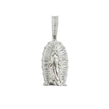 Load image into Gallery viewer, Sterling Silver Rhodium Plated Baguette Our Lady Of Guadalupe Clear CZ Pendant Thickness-20.8mmx35mm