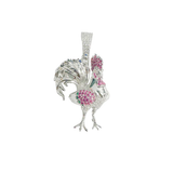 Sterling Silver Rhodium Plated Rooster Red Green And Clear CZ Pendant Thickness-24mmx34mm