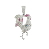 Sterling Silver Rhodium Plated Rooster Red And Clear CZ Pendant Thickness-27mmx35mm