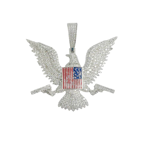Sterling Silver Rhodium Plated American Eagle Flag Gun Clear CZ Pendant Thickness-54mmx42mm