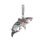 Sterling Silver Rhodium Plated Tangled Shark Black Red And Clear CZ Pendant Thickness-47mmx23mm