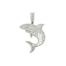 Load image into Gallery viewer, Sterling Silver Rhodium Plated Shark Baguette Clear CZ Pendant Thickness-31mmx34mm