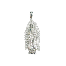 Load image into Gallery viewer, Sterling Silver Rhodium Plated Our Lady Of Guadalupe Baguette Clear CZ Pendant Thickness-19mmx40mm