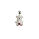 Sterling Silver Rhodium Plated Teddy Bear Heart Clear And Red CZ Pendant Thickness-13mmx17mm