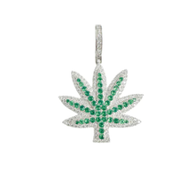 Load image into Gallery viewer, Sterling Silver Rhodium Plated Marijuana Cannabis Green And Clear CZ Pendant Thickness-31mmx31mm