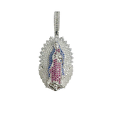 Sterling Silver Rhodium Plated Our Lady Of Guadalupe Clear Red And Blue CZ Pendant Thickness-26mmx40mm