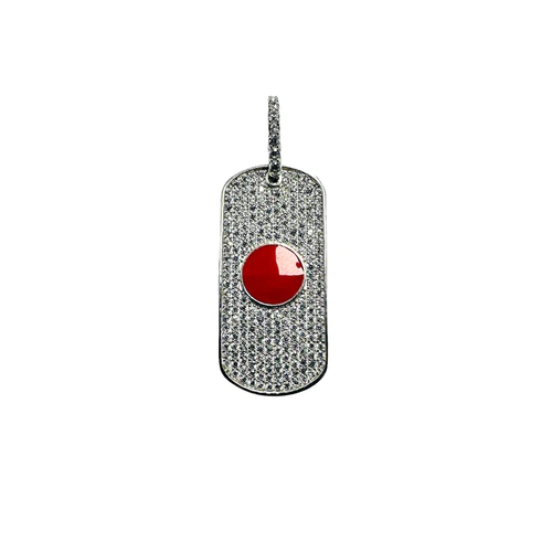 Sterling Silver Rhodium Plated Rectangular Japan Flag Clear And Red CZ Pendant Dimensions-30.3mmx14.1mm
