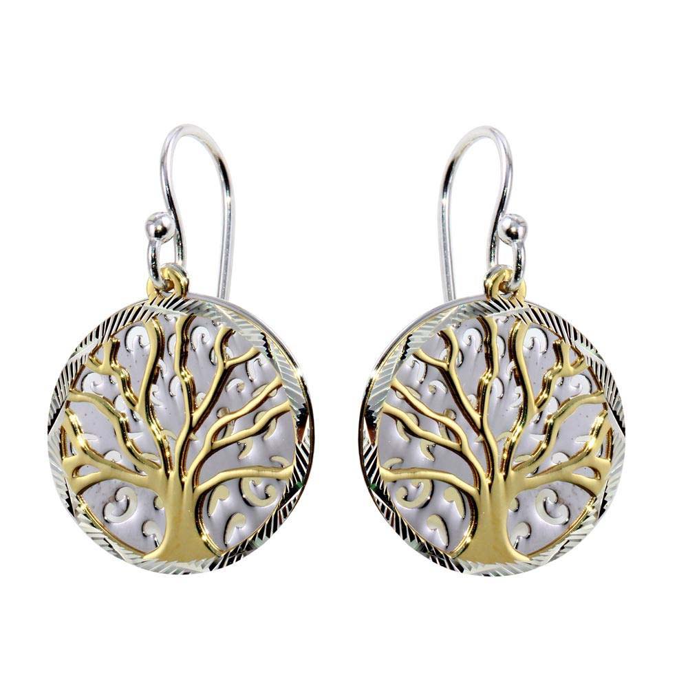 Sterling Silver Gold And Rhodium Plated Flat Tree Shaped Earrings