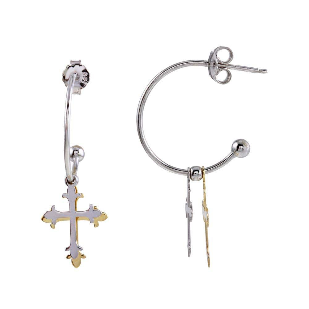 Sterling Silver Two Toned Semi Hoop Cross Shaped Dangling Earrings