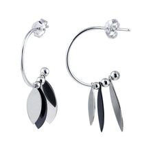 Load image into Gallery viewer, Sterling Silver Rhodium Plated Dangling Leaf Shape Black and Silver Charm Earrings