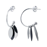 Sterling Silver Rhodium Plated Dangling Leaf Shape Black and Silver Charm Earrings
