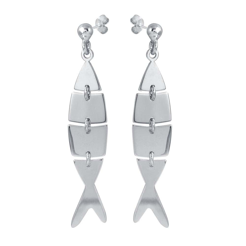 Sterling Silver Rhodium Plated Dangling Flexible Fish Earrings