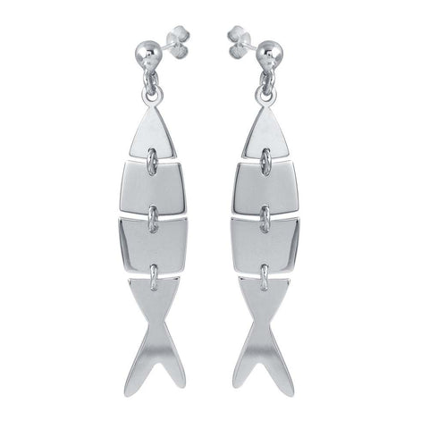 Sterling Silver Rhodium Plated Dangling Flexible Fish Earrings
