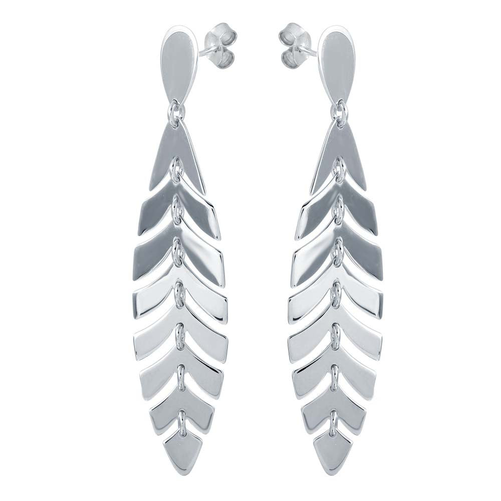 Sterling Silver Rhodium Plated Dangling Flexible Leaves Earrings