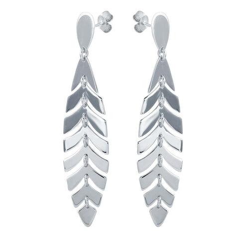 Sterling Silver Rhodium Plated Dangling Flexible Leaves Earrings