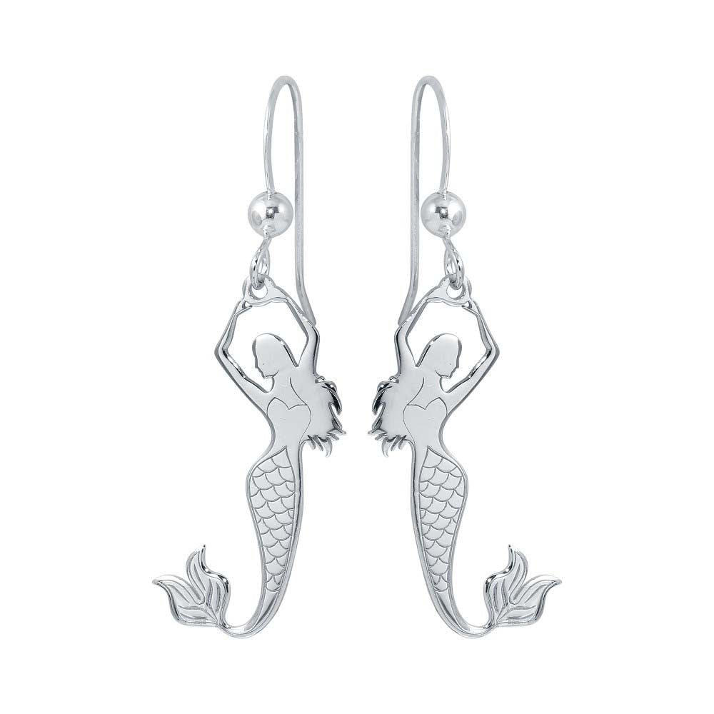 Sterling Silver Rhodium Plated Dangling Mermaid Earrings