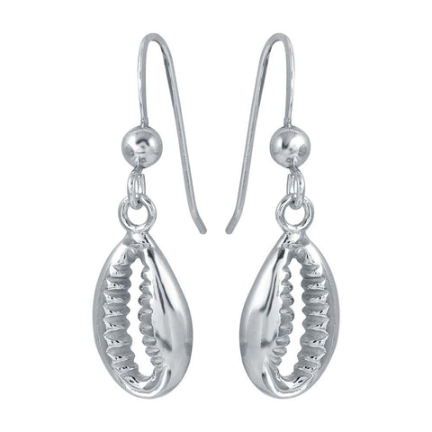 Sterling Silver Rhodium Plated Dangling Cowrie Shell Earrings