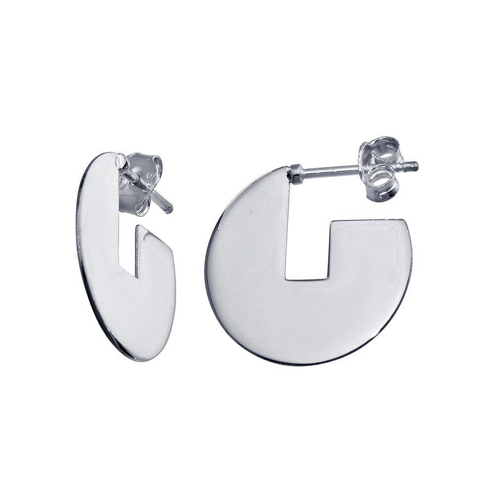Sterling Silver Rhodium Plated Semi Hoop Fan Disc Earrings - silverdepot