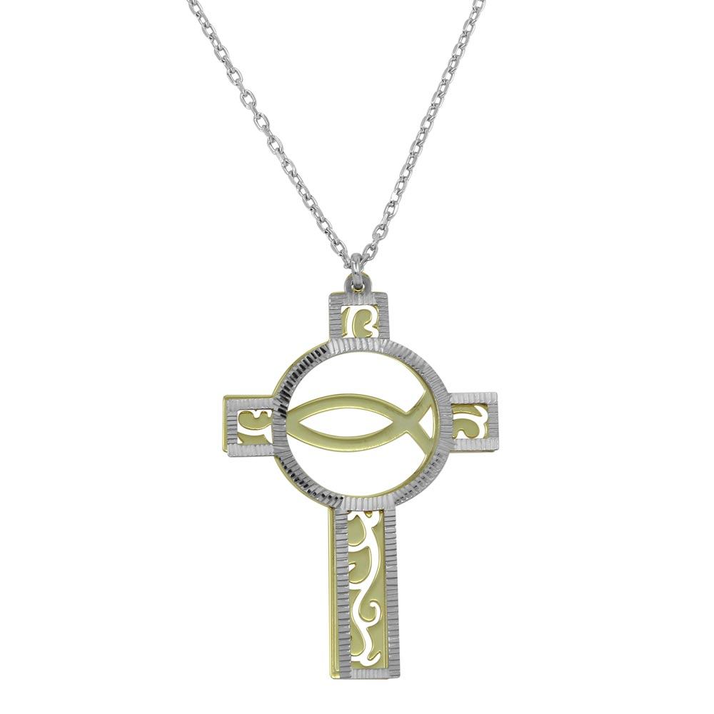 Sterling Silver Two Tone Hold and Rhodium Plated Cross Pendant���������Necklace