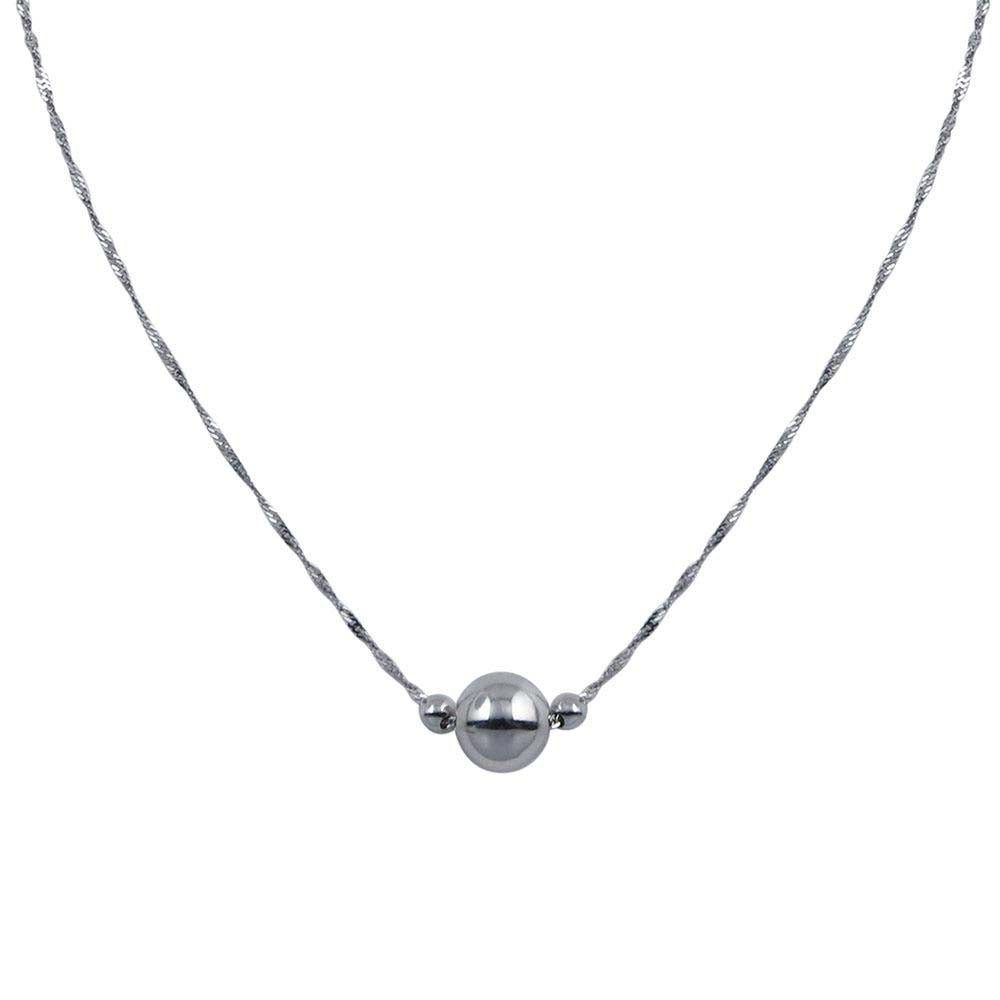 Sterling Silver Rhodium Plated 3 Beads Singapore Chain Necklace