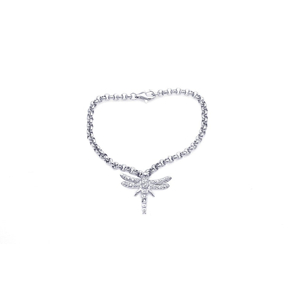 Sterling Silver Rhodium Plated Clear CZ Dragonfly Bracelet