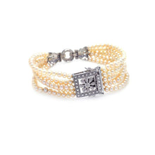 Load image into Gallery viewer, Sterling Silver Rhodium Plated Multi Pearl Strand Clear CZ Square and Flower Bracelet