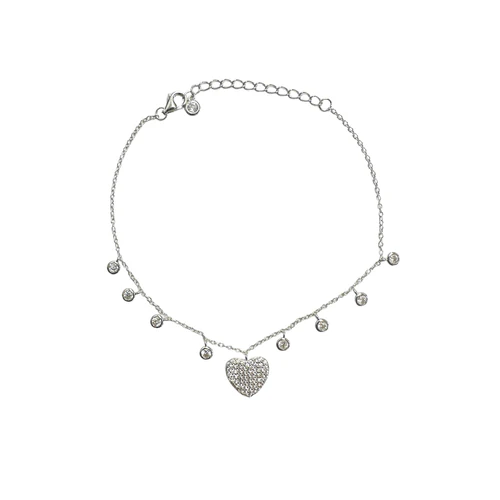 Sterling Silver Rhodium Plated Heart And Round Dangling Charm Clear CZ Bracelet Length-6-8inches