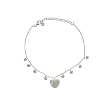 Load image into Gallery viewer, Sterling Silver Rhodium Plated Heart And Round Dangling Charm Clear CZ Bracelet Length-6-8inches