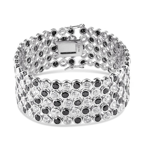 Sterling Silver Rhodium Plated 4 Row Round Black Clear Bubble Small Hip Hop Bracelet Width-27.2mm, Length-8.5inches