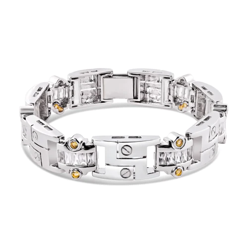 Sterling Silver Rhodium Plated Mens Link Clear Yellow CZ Hip Hop Bracelet Width-13.9mm