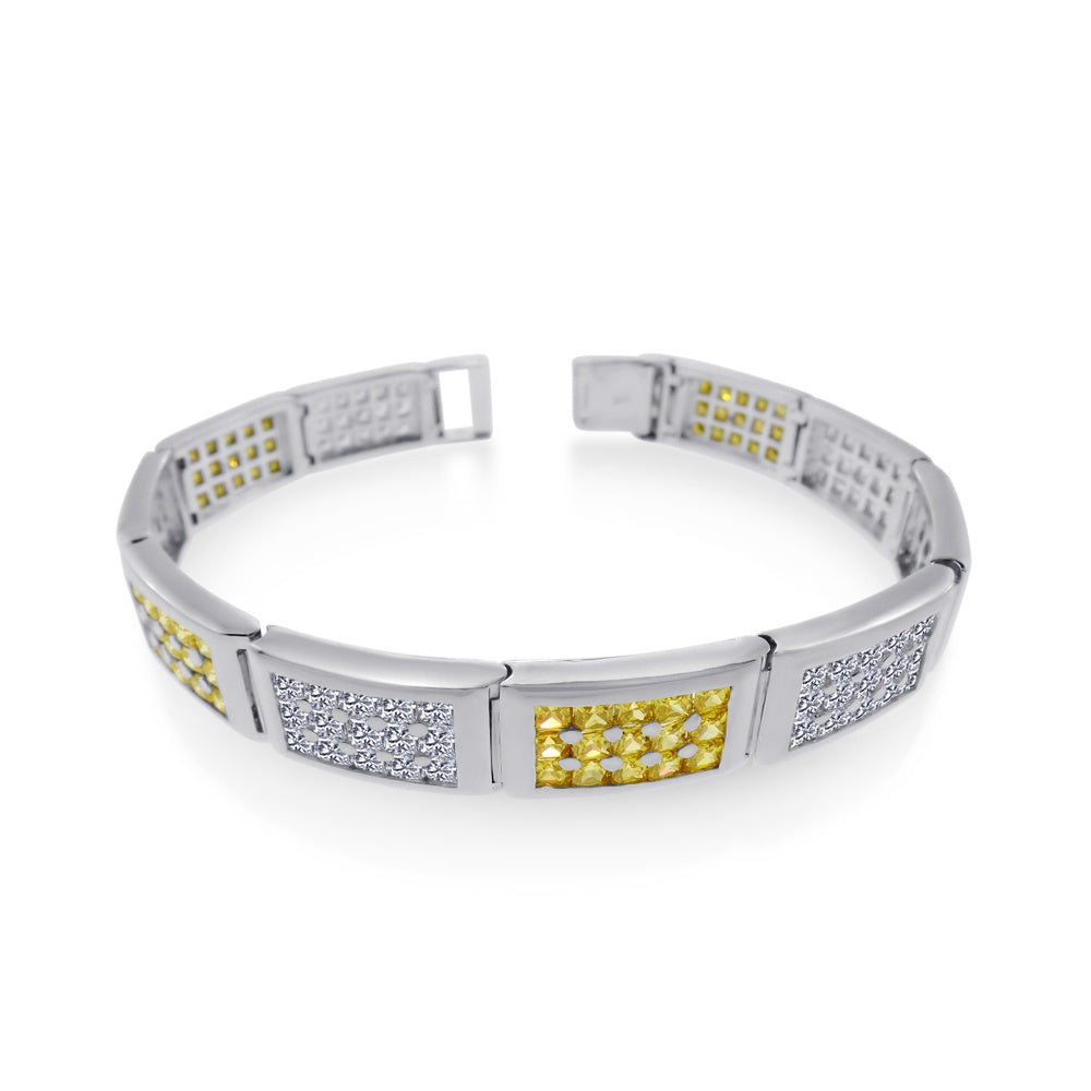 Men's Sterling Silver Rhodium Plated Rectangle Bar Clear and Yellow CZ Link Bracelet-Length 9"