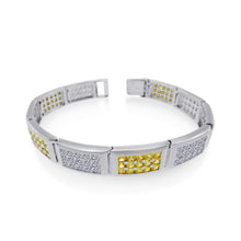 Load image into Gallery viewer, Men&#39;s Sterling Silver Rhodium Plated Rectangle Bar Clear and Yellow CZ Link Bracelet-Length 9&quot;