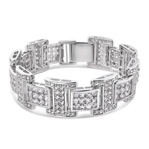 Sterling Silver Rhodium Plated Mens Link Clear Square And Round CZ Studded Hip Hop Bracelet Width-20mm