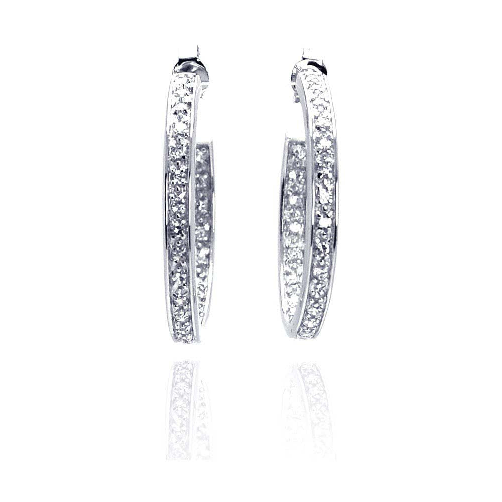 Sterling Silver Rhodium Plated Round CZ Hoop Earrings